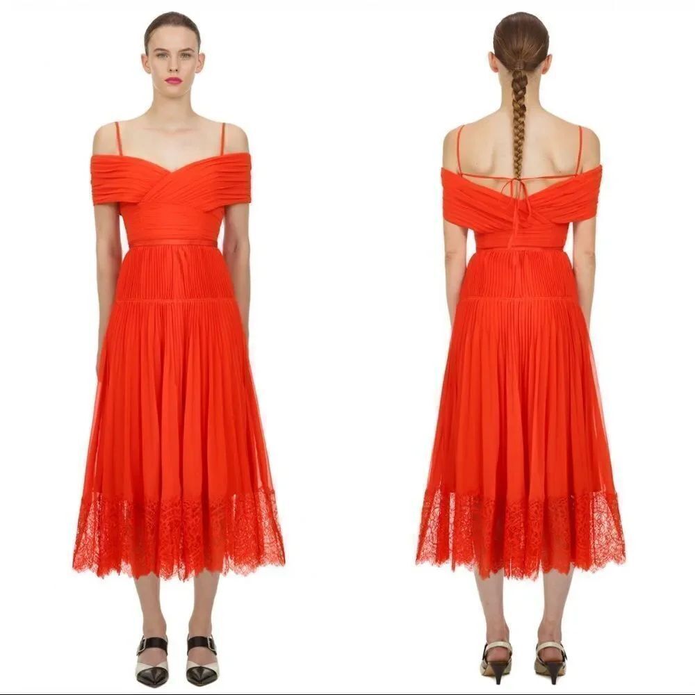 Self-Portrait Off-Shoulder Pleated Lace Midi Dress